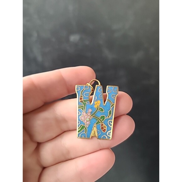 Cloisonne Floral Letter W Shaped Pendant Vintage - Picture 1 of 10